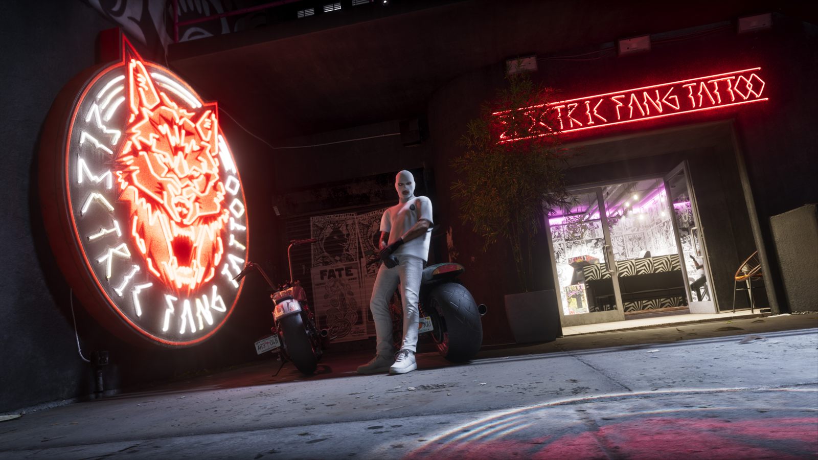 Letreiro do Electric Fang no screenshot oficial “Electric Fang Tattoo Parlor 01”.
