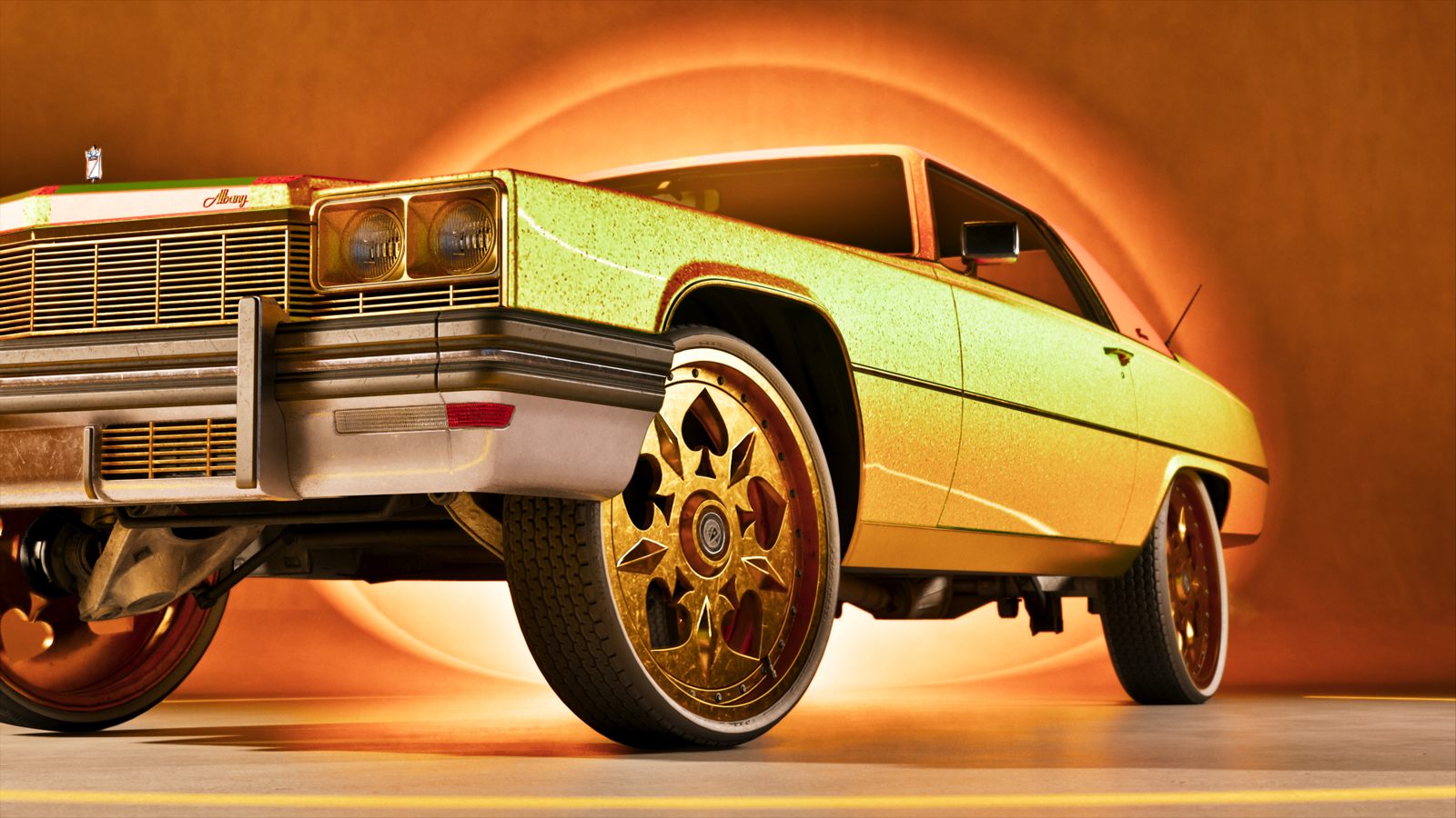 Carro customizado no screenshot “Rideout Customs Mod Shop 01”, publicado pela Rockstar.
